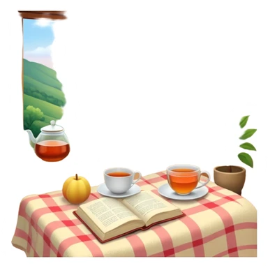 Small self-care objects: cup of tea, journal, fresh fruits, soft blanket, nature window view, gentle sunlight, pastel and warm tones, calm and mindful atmosphere, digital art  sticker
