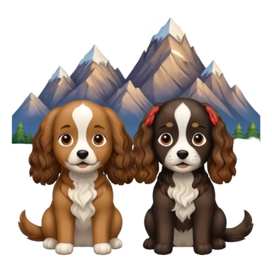 two dogs with wavy hair, one black and brown, one shades of brown with mountains sticker