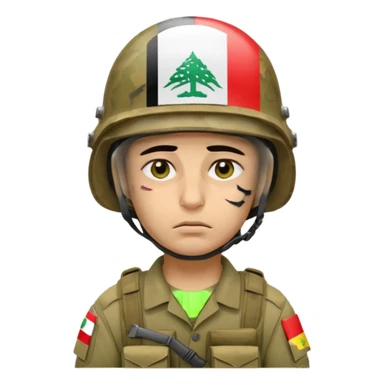 Tired Iraqi soldier wearing helmet with Iraqi flag, sad expression, half open eyes and bags under eyes, reflecting fatigue and pain sticker