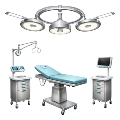 A surgical room setup with overhead lights and sterile instrument table.
 sticker