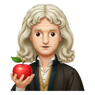 Isaac Newton wearing aristocratic attire with long curled periwig, hold an apple sticker