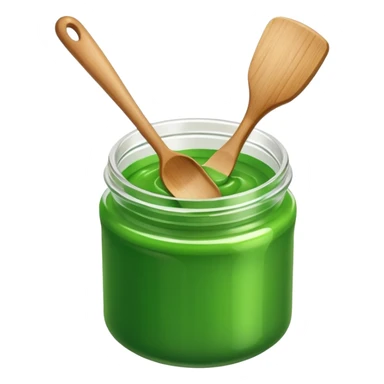 A small open plastic jar of vibrant green wax, wooden spatula inside sticker