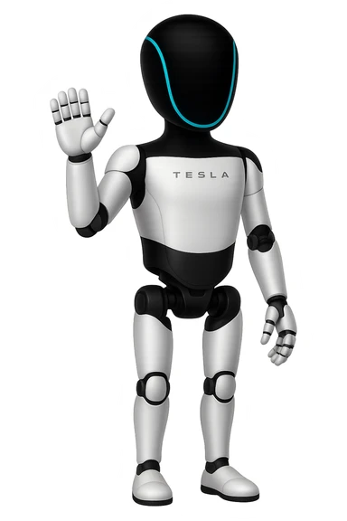 Create a fullbody Tesla robot emoji with the exact head from the reference image in the style of Apple emojis. The robot should be waving its hand. The style should replicate the apple emoji style with smooth, colorful, and detailed features. sticker