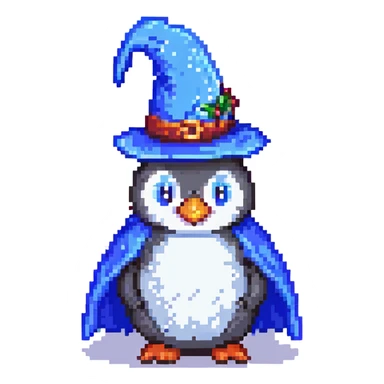 pixel art penguin wizard with a blue hat and cape sticker