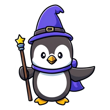 cute penguin wizard with magical sparkles, holding a magic staff sticker