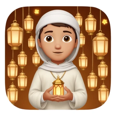 Personnage 3D mignon en style Pixar, un petit garçon portant un qamis blanc et un kufi, tenant un tapis de prière, entouré de lanternes brillantes, fond doux, couleurs chaudes, sticker