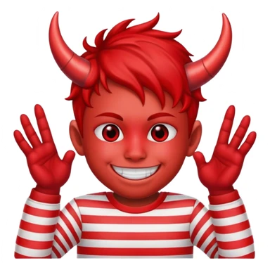 smiling boy in striped shirt with red face and devil horns sticker