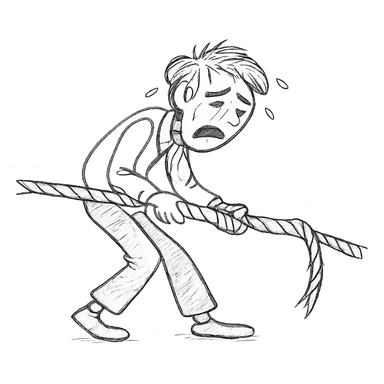 Make the guy look much more tired and exhausted while struggling to pull the rope, keep the hand drawn doodle style with expressive pose, black lines only, no color. sticker
