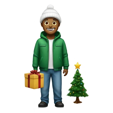 A person who is happy and has a Christmas tree next to him sticker
