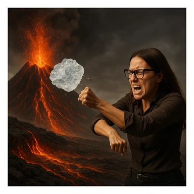 Create a hyperrealistic image similar to the reference photo of a woman throwing ice onto a volcano full of lava. The ice has no effect on the lava. The woman shows an expression of effort or frustration. The scene is symbolic with detailed and carefully crafted elements. sticker