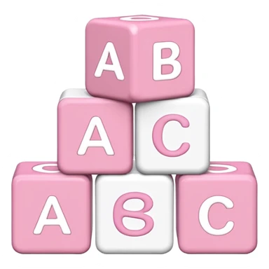 three Light pink and white toy alphabet blocks stacked with different letters sticker