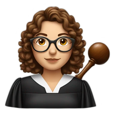 Caucasian female judge, gavel in hand, with round glasses and brown curly hair on her shoulder sticker