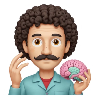 Enhance the claymation man holding a brain by adding more depth and dimension to the image. Make him more attractive and quirky, inspired by the first version, with dark curly hair, thick mustache, light skin, freckles, more movement, claymation style, visible fingerprints, and pastel colors. sticker