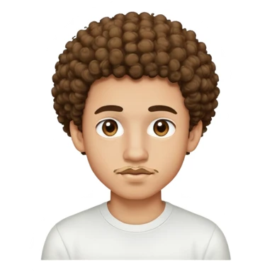 17 year old light-skinned boy with slightly brown smaller eyes, small mustache above lip, very curly hair like a small afro with cut sides, one single curl like an antenna falling on forehead, wearing a tight white shirt sticker
