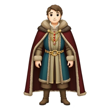 Full body of wealthy medieval merchant in fine clothes, fur-trimmed cloak, and gold chain sticker