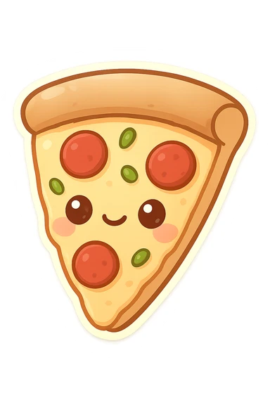 chibi sticker-style slice of pizza, cute and exaggerated sticker