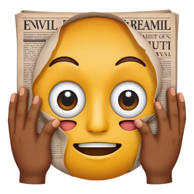 generate a yellow-circle face emoji of a newspaper being held by two hands on the sides and has eye holes cut out for the face's eyes to peak through sticker