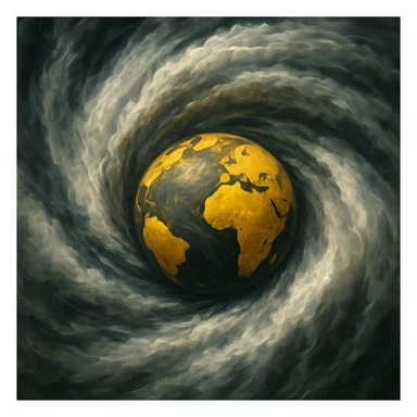 yellow globe caught in a powerful hurricane, swirling clouds, sense of movement sticker