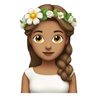 A girl with brown hair and taned skin wearing a white dress with flowers crown  sticker