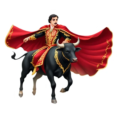 ​Cinematic Realistic Spanish Matador in Action, depicted in an ornate traje de luces with a flowing red cape, captured in the dramatic moment of confronting a charging bull in a traditional bullring, rendered with dynamic motion and dramatic lighting that encapsulates the intensity and artistry of the spectacle, sticker