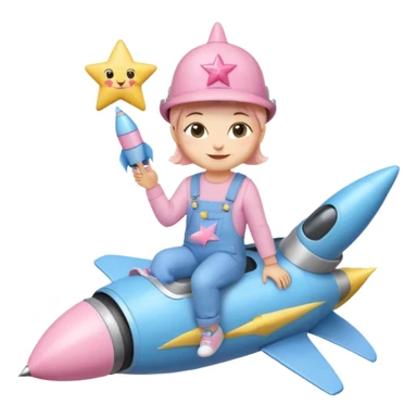 sweet kitten with pastel blue overalls, pastel blue sneakers, pastel pink star hat, sitting on a rocket, smiling, emoji style sticker