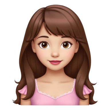 A cute girl with medium skin, soft pinkish cheeks, large bambi dark hazel eyes with long eyelashes, long wavy brown hair with bangs, medium straight nose with a soft tip, medium natural red lips, very feminine and pretty features, wearing a beautiful pink dress.l sticker