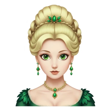 lady with Pale complexion, sharp features, high cheekbones, Blonde hair, green eyes, Regency-era elaborate updo, voluminous hairstyle, feathered ornaments sticker