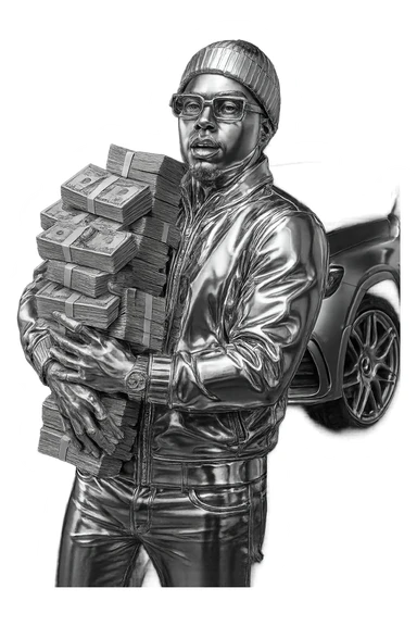 Create a chrome icon version of the person in the reference image with realistic white skin tone and natural facial features. The hoodie, hat, and clothing should be chrome. Add Cartier-style glasses. Replace the car behind him with an AMG model. The money should remain realistic US dollar bills. The overall style should be bold and iconic, with only the clothes and accessories in chrome, not the skin. sticker