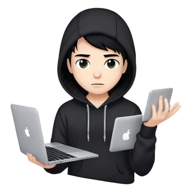 hackeur blanc cheveux noir et capuche noir avec un macbook sticker