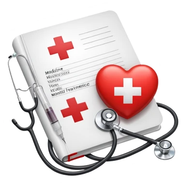 An icon featuring a red cross, a stethoscope, and a syringe, symbolizing medicine. The design includes a medical book, a heartbeat monitor, and a pill, representing the study and practice of healthcare, diagnostics, and treatment. Transparent background highlights the science of healing. sticker