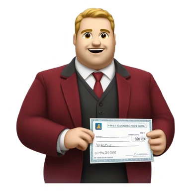 fat guy in dark red velvet suit holding cheque sticker
