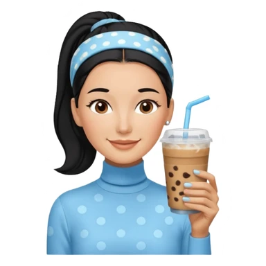  tan skin woman with long face, and very short black hair slicked back ponytail with forehead showing, with black polka dot headband, wearing solid light blue turtleneck shirt, drinking iced coffee, smiling with middle parted hair sticker