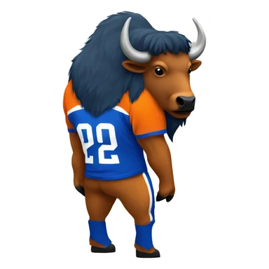 Bison mascot wearing an orange and blue jersey sticker