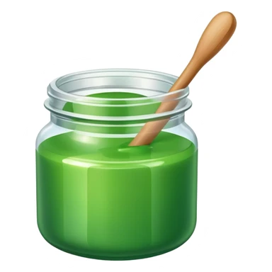 A small open plastic jar of vibrant green wax, wooden stick inside sticker