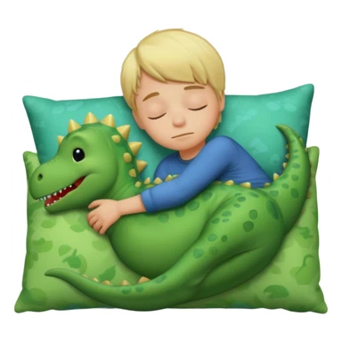 Blond boy sleeping with green pillow with dinosaur sticker