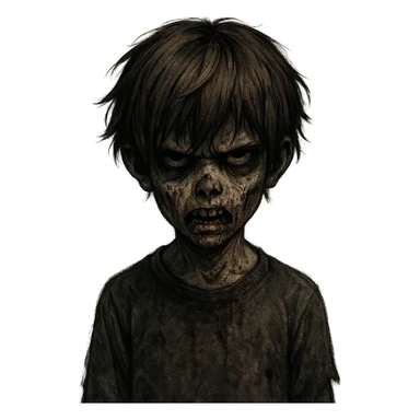 spooky zombie boy, brown emo hair, medium shaggy, scary and dark expression sticker
