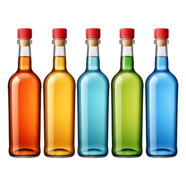 Four bottles of alcohol without labels, each with distinct shapes, arranged neatly in a row. The bottles should vary in color and size, with detailed caps. sticker