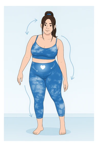 a woman stands in a relaxed pose, with a gentle, confident expression. Her body is shown with subtle, curved lines or arrows indicating areas of imbalance (such as a slight tilt in the shoulders or hips), but no signs of injury or damage. A soft glow or heart symbol at her core emphasizes resilience and the message “Non rotto, ma fuori equilibrio” The background is clean and clinical, with light blue tones. sticker