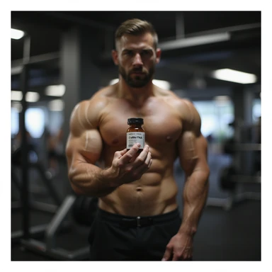 bodybuilder in gym, hyperrealism 4k, holding a vial labeled 'CARNITINA' sticker
