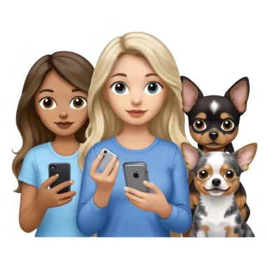 Three women in summer clothes holding iPhone, hazel eyed light skin with dark blonde long hair and Brown eyed,light skin black long wavy hair, blue eyed light skin long blonde hair that have 2 dogs, blue spotted Merle Frenchie and black and tan chihuahua  sticker