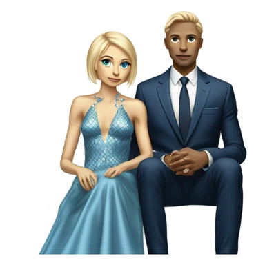 alien reptilian woman blonde in long slim pastel blue formal party satin dress with gradient shiny sparkling navy blue diamonds embroidered , and caucasian man in black dress, sitting on a beige couch  sticker