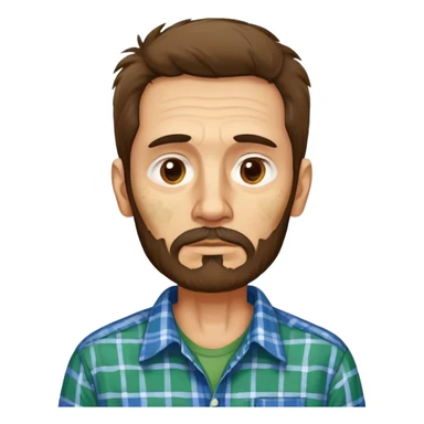 Skinny Hispanic man, 55 years old with light skin. Gaunt face with visible bone structure. Messy, tousled brown hair. Patchy brown beard that needs trimming. Tired eyes. Wearing an oversized green and blue checkered shirt on his thin frame. sticker