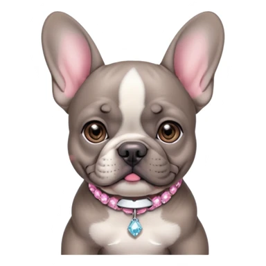Gray French bulldog puppy, with one slightly darker color ear, with a pink and with realistic diamond collar sticker