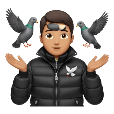 puffer shiny black jacket man open arms looking at a flying pigeon sticker