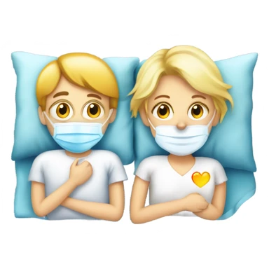 Two blonde children, sick, wearing masks, one Boy, one girl, sick in beds, at home, get well soon sign with yellow heart sticker