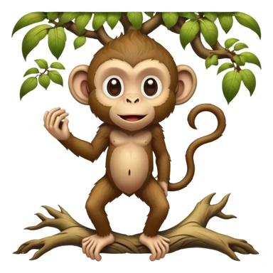 A mythical being standing on human feet with gnarly tree roots for legs and a playful monkey face sticker