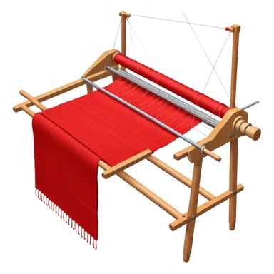 rigid heddle weaving loom set up for weaving a bright red scarf, with red yarn on a stick shuttle laying across the warp threads sticker