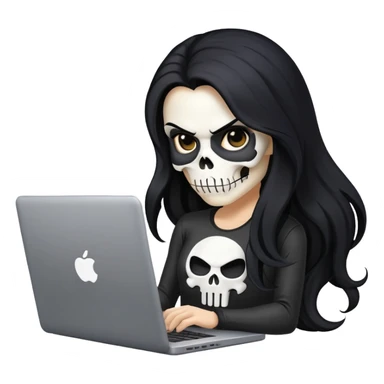 female Punisher skull with long flowing black hair working on a laptop sticker