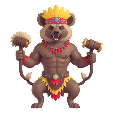 A native strong buff hyena with war bonnet flexing posing full body holding a chopped off human head by the hair  sticker