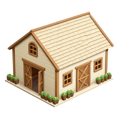 Equestrian stable exterior, isometric dollhouse-style, realistic sticker